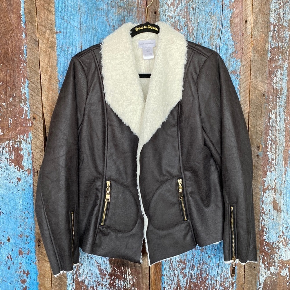 Soft Surroundings Gray Moto Jacket with Faux Fur